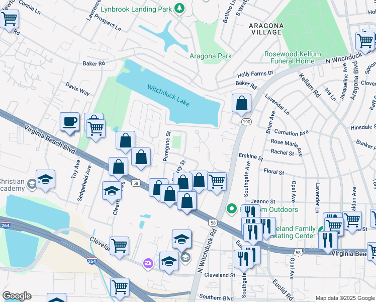 map of restaurants, bars, coffee shops, grocery stores, and more near 580 Peregrine Street in Virginia Beach