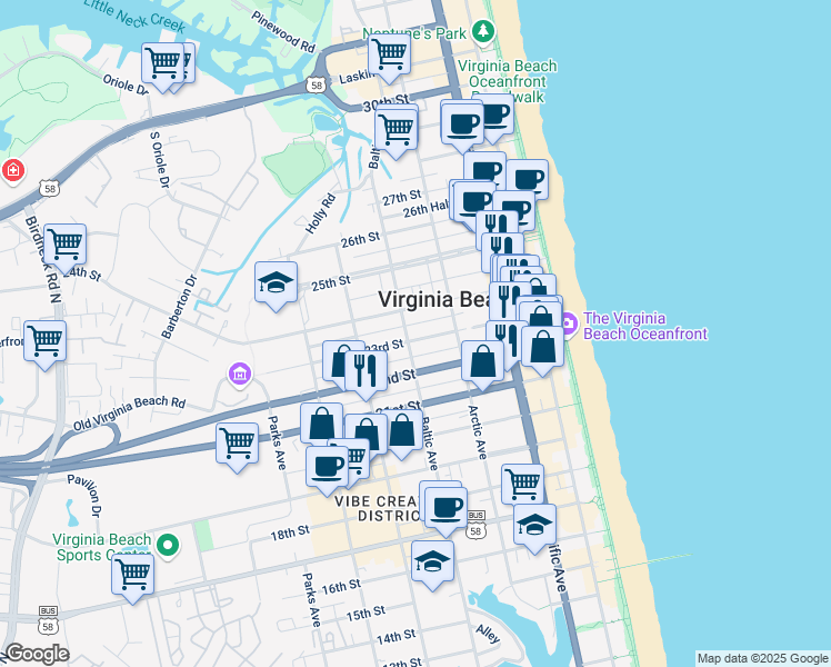 map of restaurants, bars, coffee shops, grocery stores, and more near 501 23rd Street in Virginia Beach