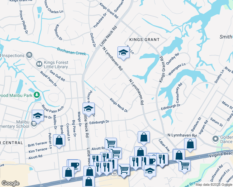 map of restaurants, bars, coffee shops, grocery stores, and more near 3408 Dickens Drive in Virginia Beach