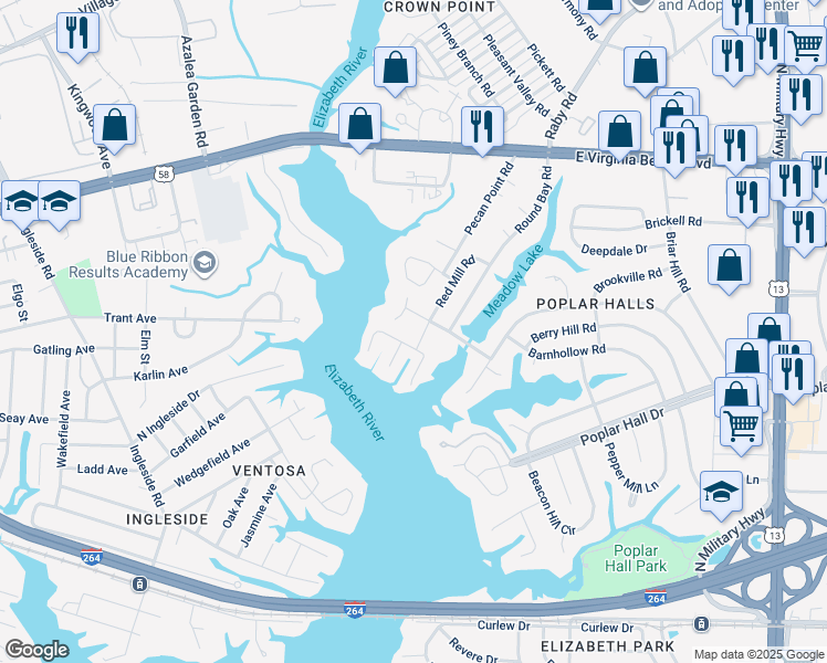map of restaurants, bars, coffee shops, grocery stores, and more near 703 Red Mill Road in Norfolk