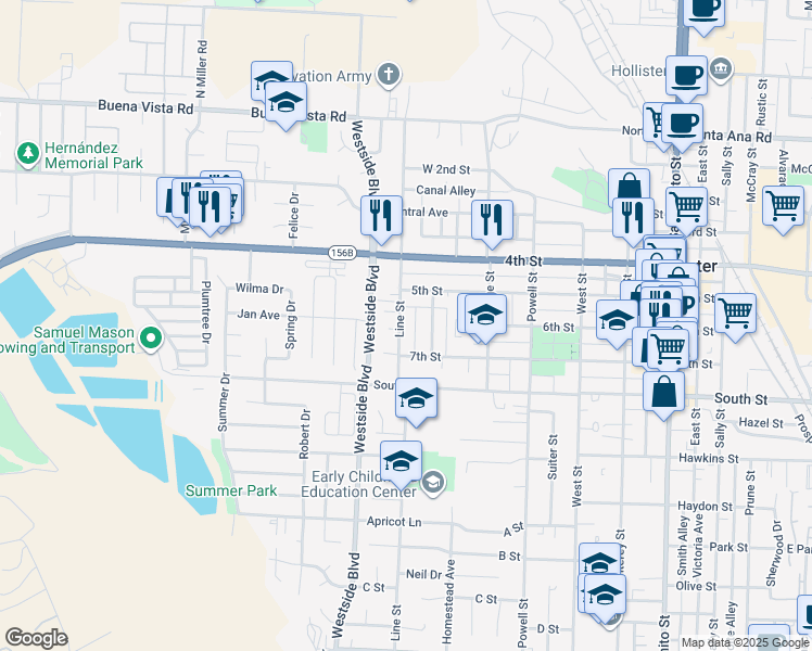 map of restaurants, bars, coffee shops, grocery stores, and more near 553 Line Street in Hollister