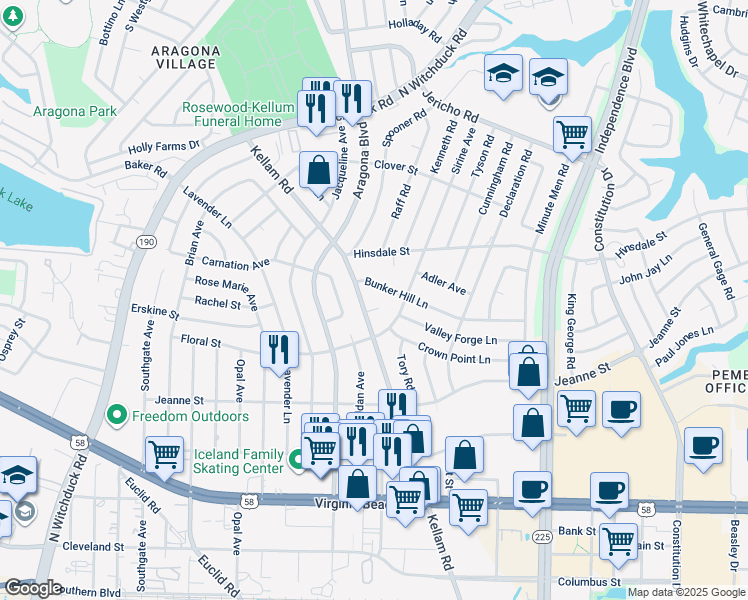 map of restaurants, bars, coffee shops, grocery stores, and more near 4704 Kellam Court in Virginia Beach