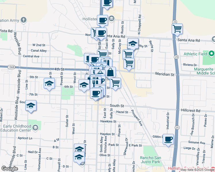 map of restaurants, bars, coffee shops, grocery stores, and more near 561 East St in Hollister