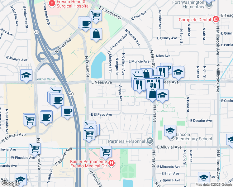 map of restaurants, bars, coffee shops, grocery stores, and more near 381 E Street in Fresno