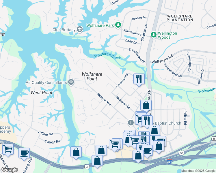 map of restaurants, bars, coffee shops, grocery stores, and more near 2515 Longleaf Court in Virginia Beach