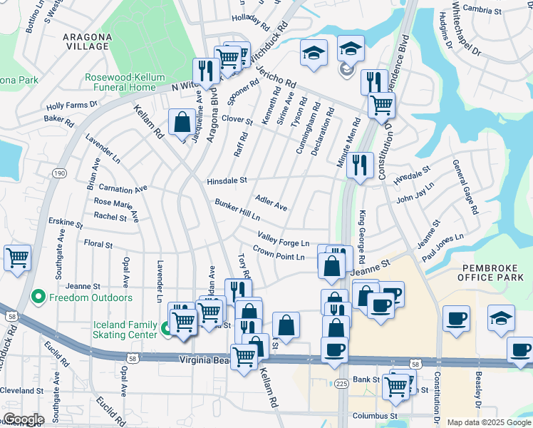 map of restaurants, bars, coffee shops, grocery stores, and more near 4716 Bunker Hill Ln in Virginia Beach