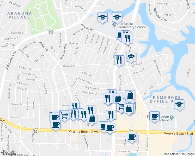 map of restaurants, bars, coffee shops, grocery stores, and more near 509 Williamsburg Road in Virginia Beach