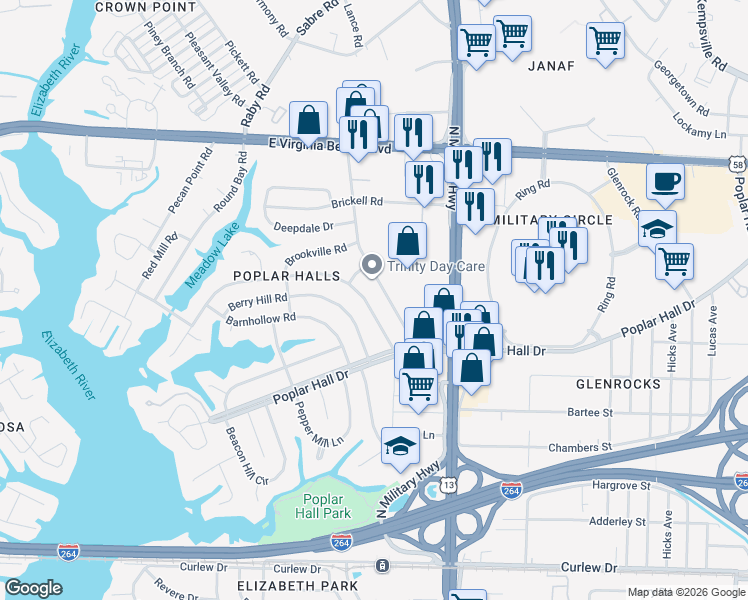 map of restaurants, bars, coffee shops, grocery stores, and more near 5556 Bayberry Drive in Norfolk