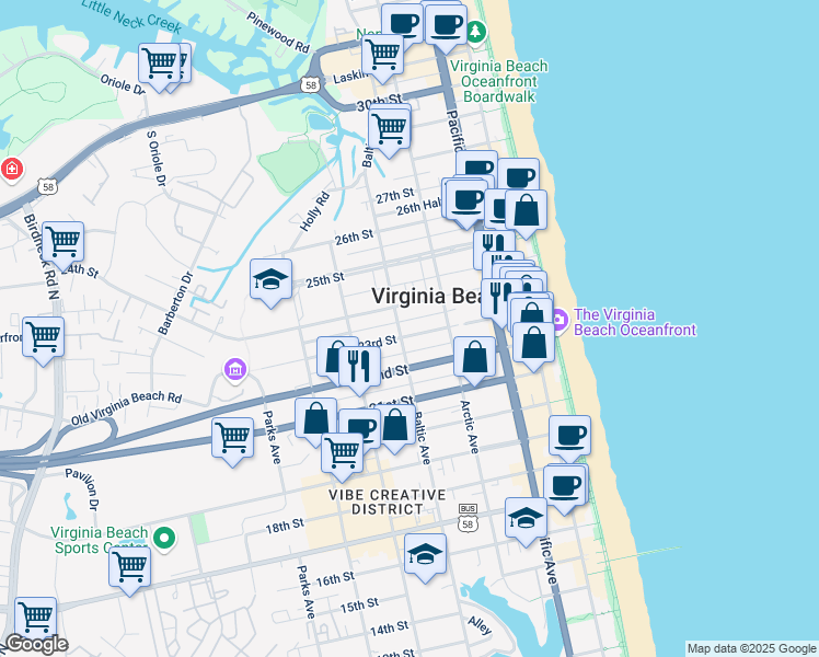 map of restaurants, bars, coffee shops, grocery stores, and more near 501 23rd Street in Virginia Beach