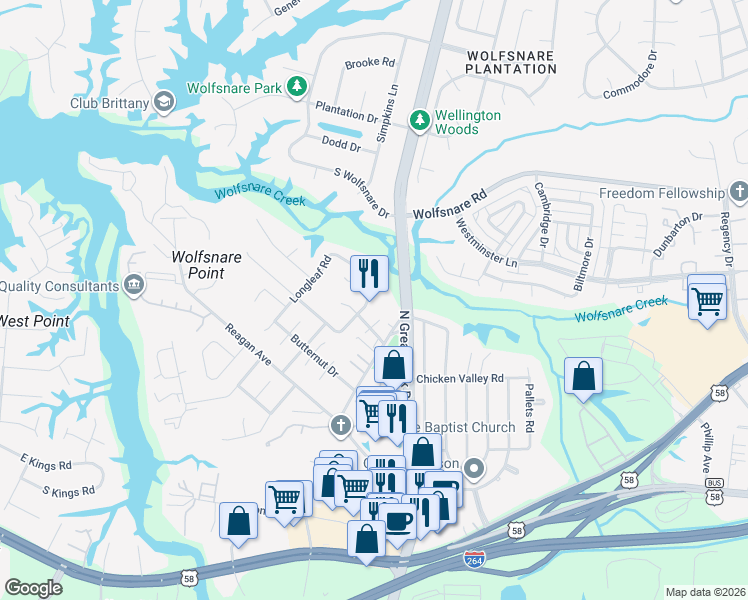 map of restaurants, bars, coffee shops, grocery stores, and more near 560 Longleaf Road in Virginia Beach