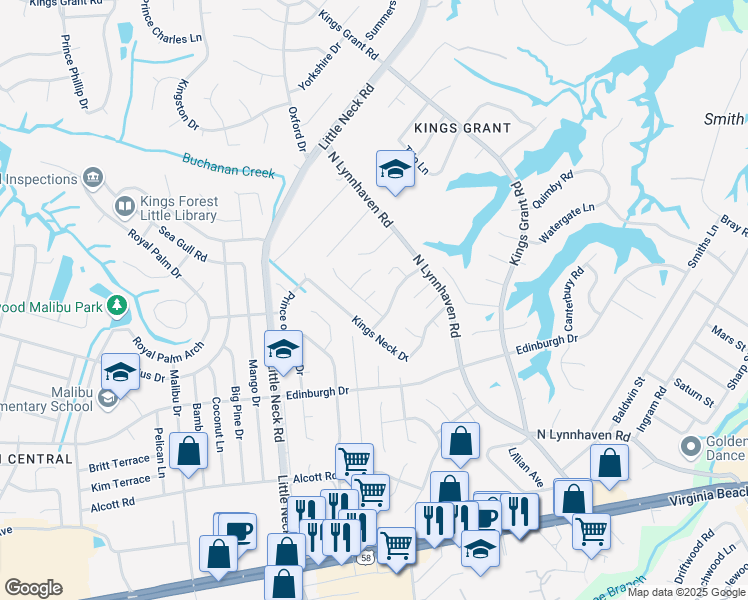 map of restaurants, bars, coffee shops, grocery stores, and more near 3408 Dickens Drive in Virginia Beach