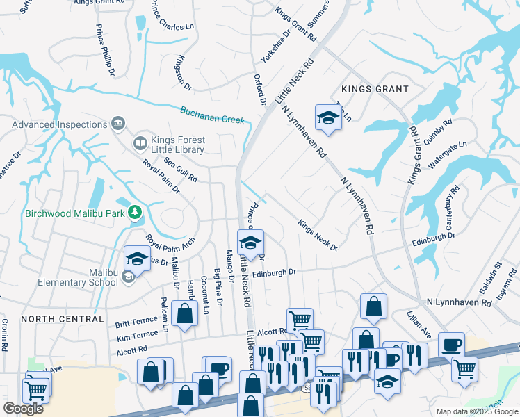 map of restaurants, bars, coffee shops, grocery stores, and more near 3361 King Richard Court in Virginia Beach