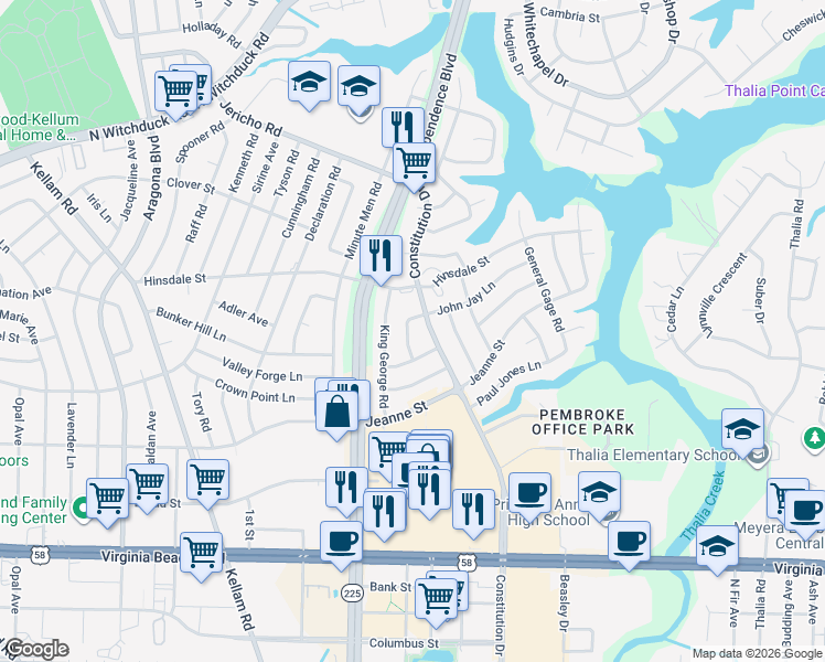 map of restaurants, bars, coffee shops, grocery stores, and more near 433 Constitution Drive in Virginia Beach