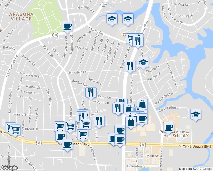 map of restaurants, bars, coffee shops, grocery stores, and more near 509 Williamsburg Road in Virginia Beach