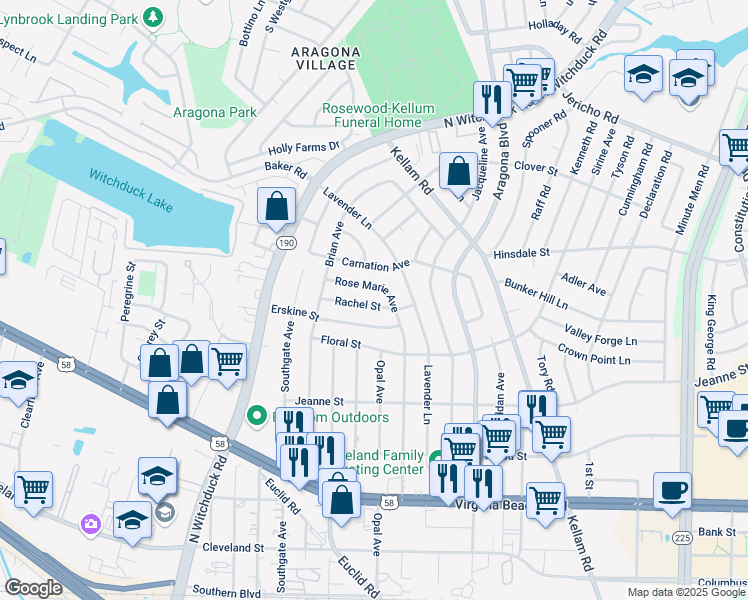 map of restaurants, bars, coffee shops, grocery stores, and more near 4920 Rachel Street in Virginia Beach