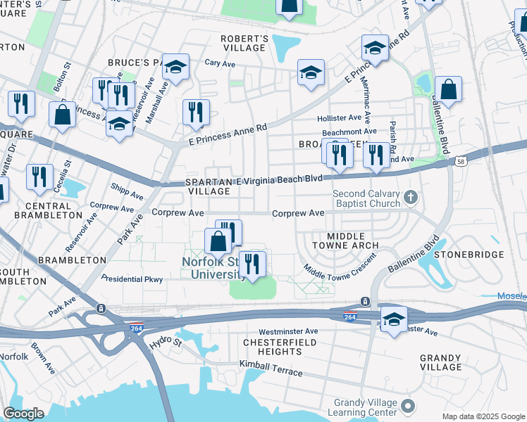 map of restaurants, bars, coffee shops, grocery stores, and more near 2516 Corprew Avenue in Norfolk
