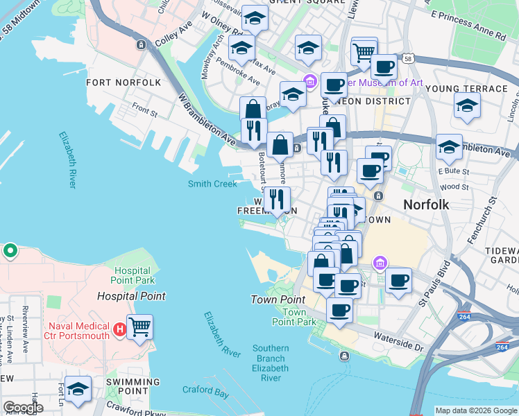map of restaurants, bars, coffee shops, grocery stores, and more near 401 College Place in Norfolk