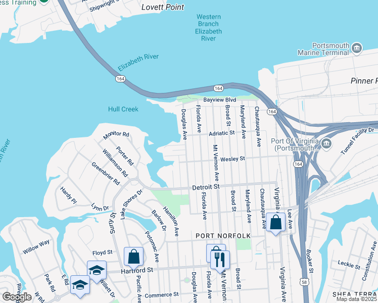 map of restaurants, bars, coffee shops, grocery stores, and more near 238 Douglas Avenue in Portsmouth