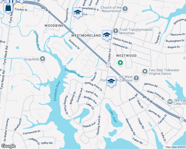 map of restaurants, bars, coffee shops, grocery stores, and more near 3114 Rolen Drive in Portsmouth