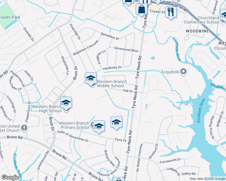 map of restaurants, bars, coffee shops, grocery stores, and more near 4037 Oak Drive in Chesapeake