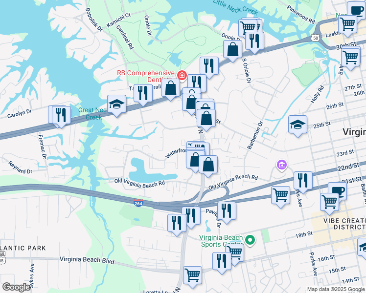map of restaurants, bars, coffee shops, grocery stores, and more near 537 Waterfront Drive in Virginia Beach