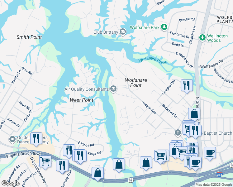 map of restaurants, bars, coffee shops, grocery stores, and more near 2632 Cove Point Place in Virginia Beach