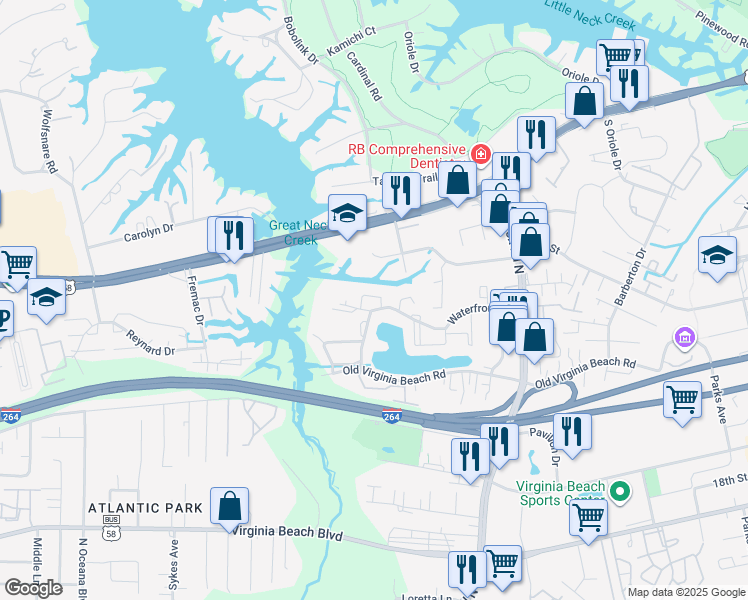 map of restaurants, bars, coffee shops, grocery stores, and more near 1238 Waterfront Drive in Virginia Beach