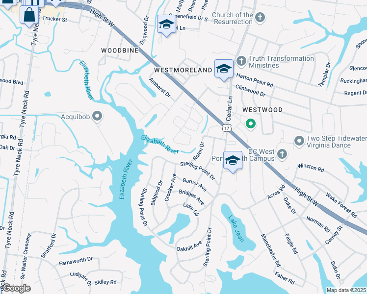 map of restaurants, bars, coffee shops, grocery stores, and more near 4059 Reese Drive South in Portsmouth