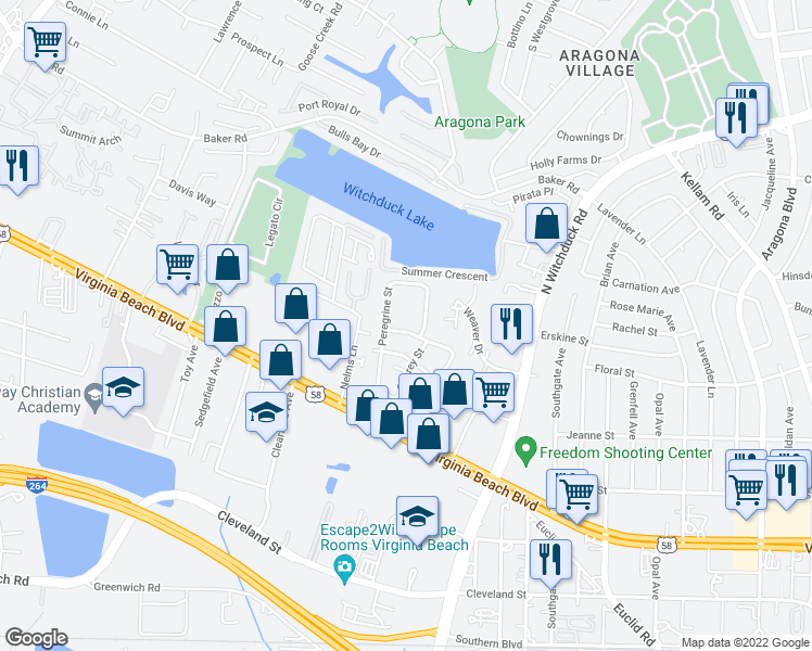 map of restaurants, bars, coffee shops, grocery stores, and more near 5216 Condor Street in Virginia Beach