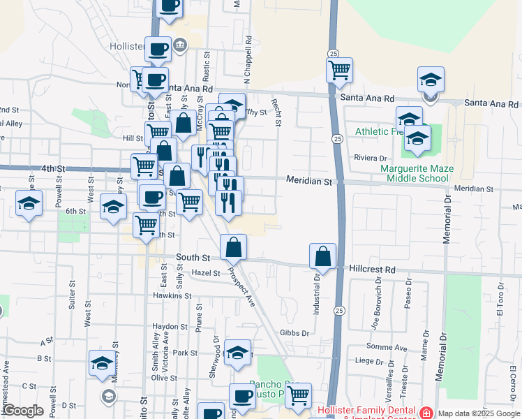map of restaurants, bars, coffee shops, grocery stores, and more near 890 Las Palmas Drive in Hollister