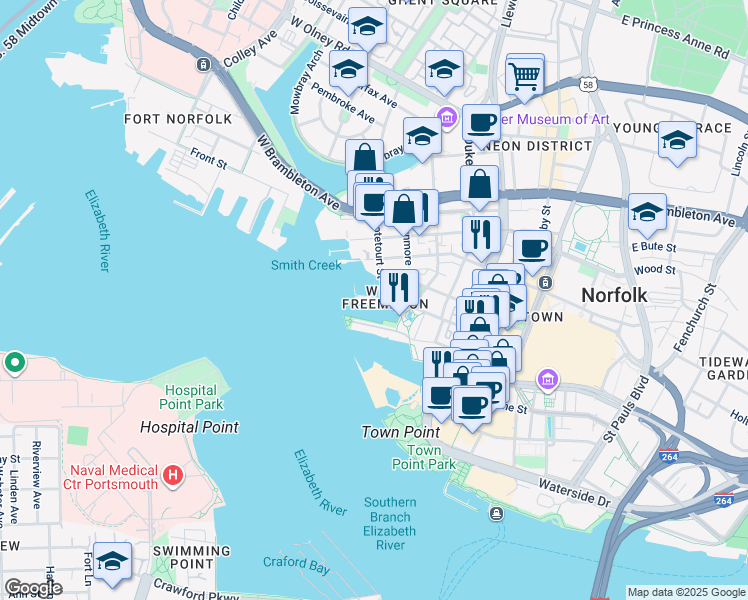 map of restaurants, bars, coffee shops, grocery stores, and more near 401 College Place in Norfolk