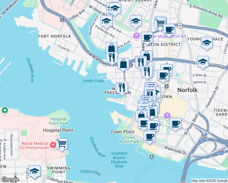 map of restaurants, bars, coffee shops, grocery stores, and more near 401 College Place in Norfolk