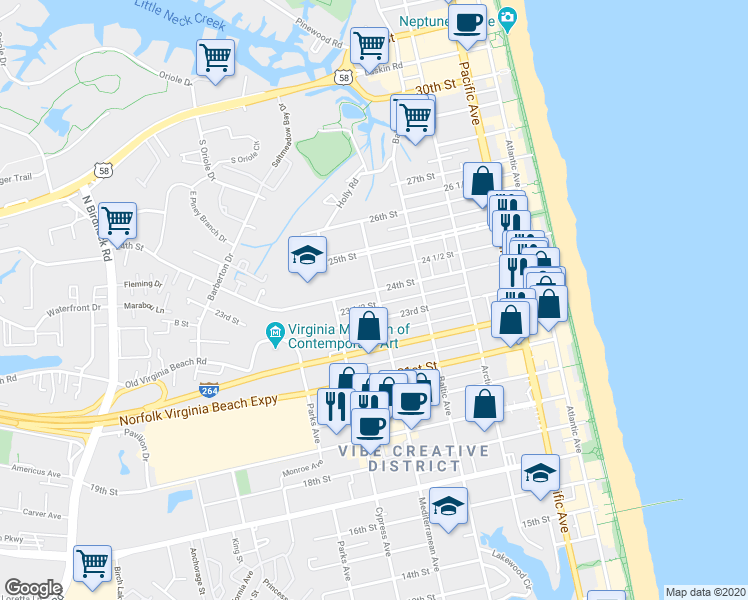 map of restaurants, bars, coffee shops, grocery stores, and more near 600 24th Street in Virginia Beach