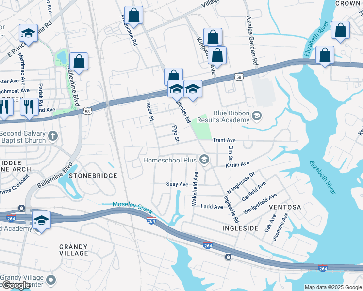 map of restaurants, bars, coffee shops, grocery stores, and more near 3541 Trant Avenue in Norfolk