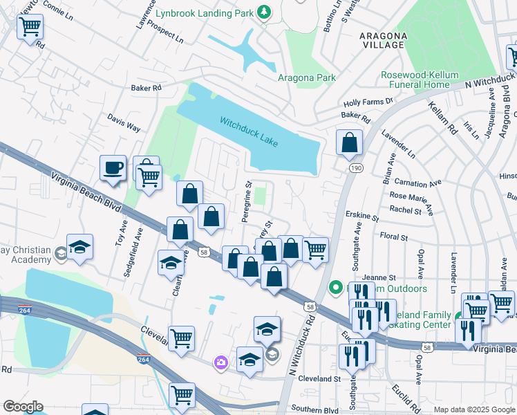 map of restaurants, bars, coffee shops, grocery stores, and more near 5218 Condor Street in Virginia Beach