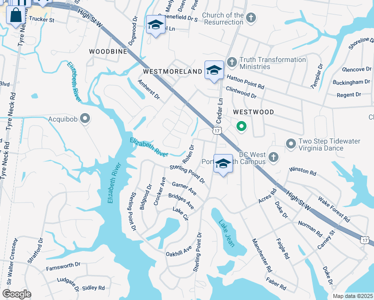 map of restaurants, bars, coffee shops, grocery stores, and more near 3114 Rolen Drive in Portsmouth