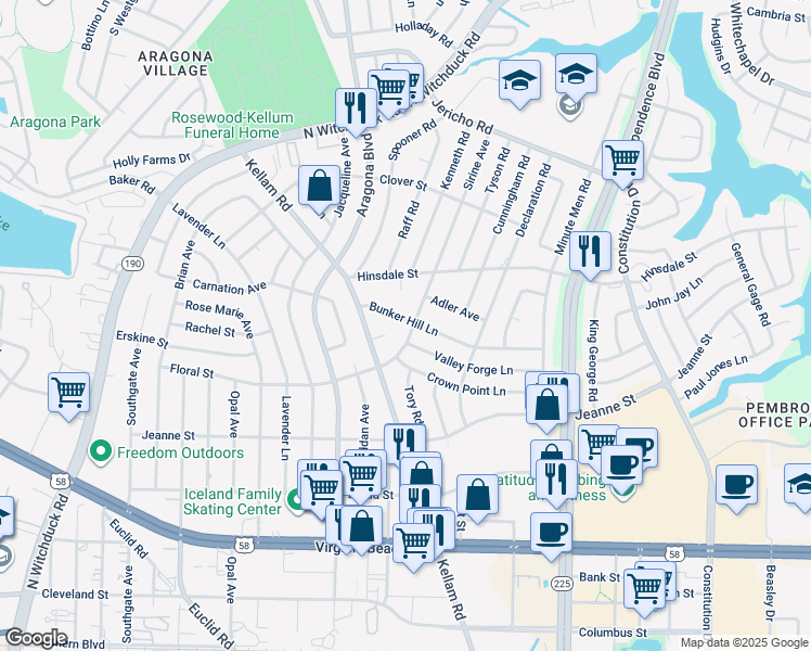 map of restaurants, bars, coffee shops, grocery stores, and more near 4737 Bunker Hill Lane in Virginia Beach