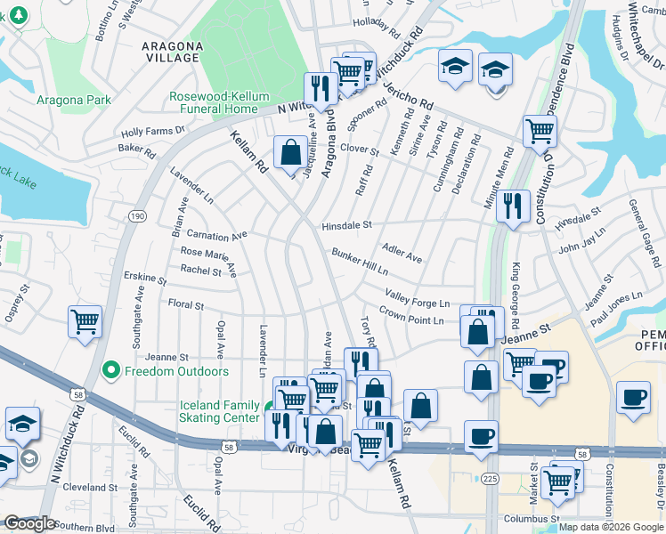 map of restaurants, bars, coffee shops, grocery stores, and more near 516 Kellam Road in Virginia Beach