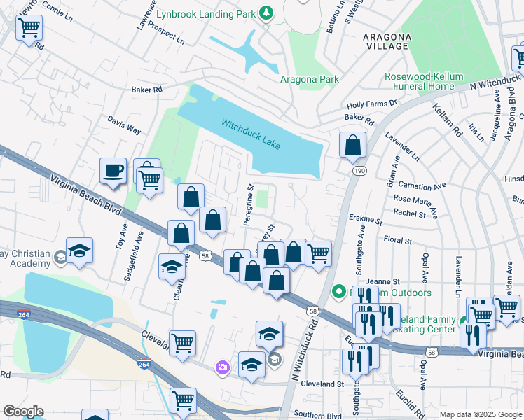 map of restaurants, bars, coffee shops, grocery stores, and more near 5216 Condor Street in Virginia Beach