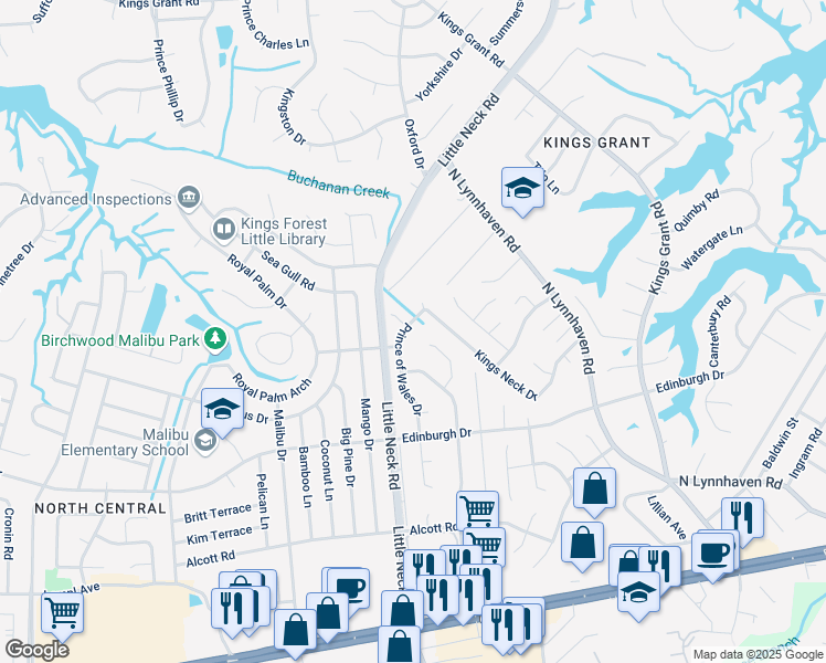 map of restaurants, bars, coffee shops, grocery stores, and more near 3361 King Richard Court in Virginia Beach