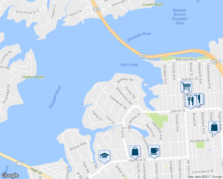 map of restaurants, bars, coffee shops, grocery stores, and more near 102 Llewellyn St in Portsmouth