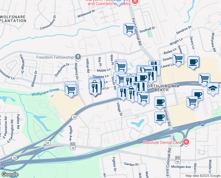 map of restaurants, bars, coffee shops, grocery stores, and more near 1841 Karen Lane in Virginia Beach