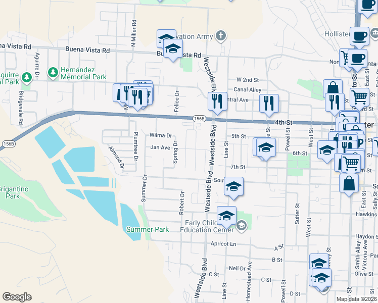map of restaurants, bars, coffee shops, grocery stores, and more near 601 Gabriele Court in Hollister