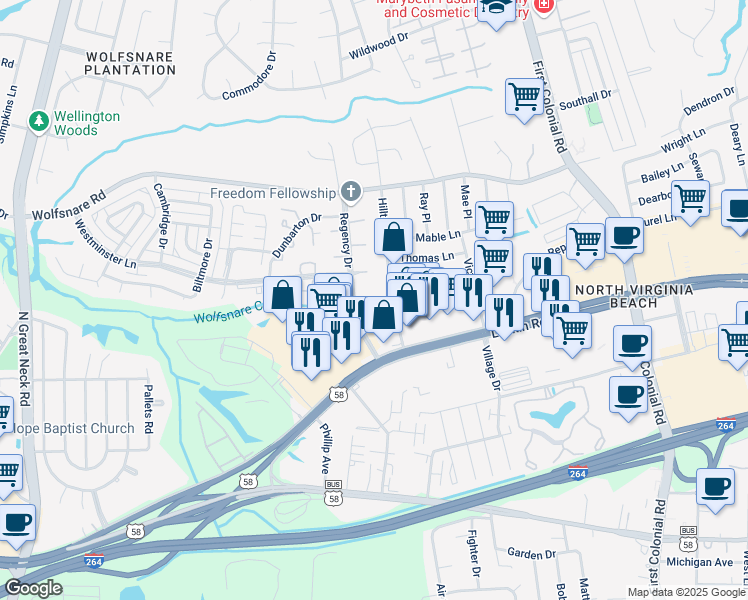 map of restaurants, bars, coffee shops, grocery stores, and more near 1901 King Charles Court in Virginia Beach