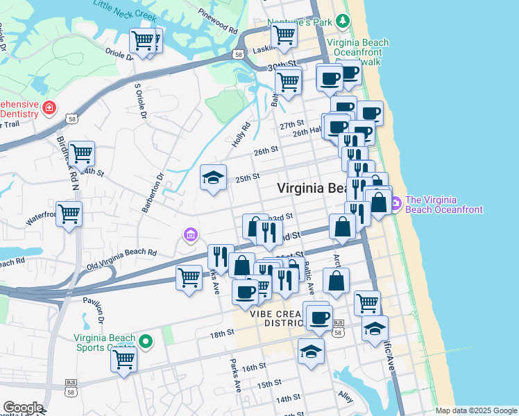 map of restaurants, bars, coffee shops, grocery stores, and more near 600 24th Street in Virginia Beach
