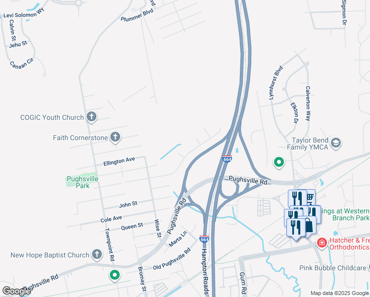 map of restaurants, bars, coffee shops, grocery stores, and more near 4936 Clifton Street in Chesapeake