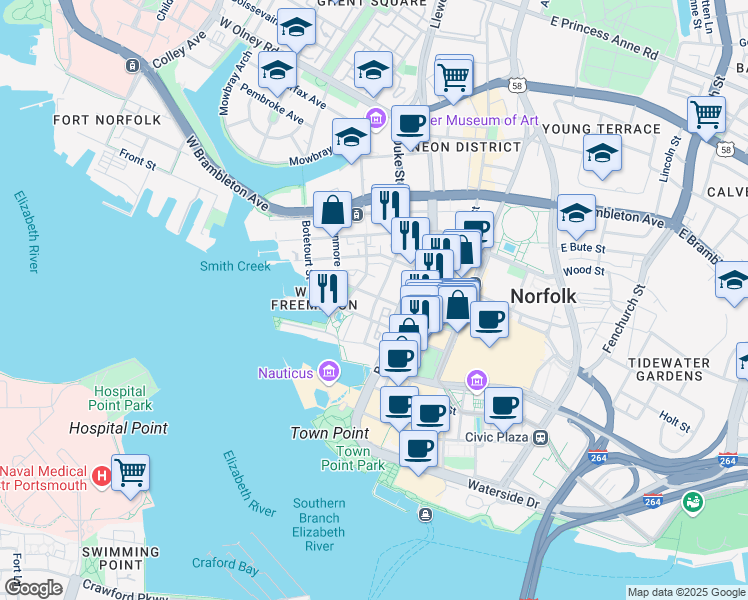 map of restaurants, bars, coffee shops, grocery stores, and more near 227 College Pl in Norfolk