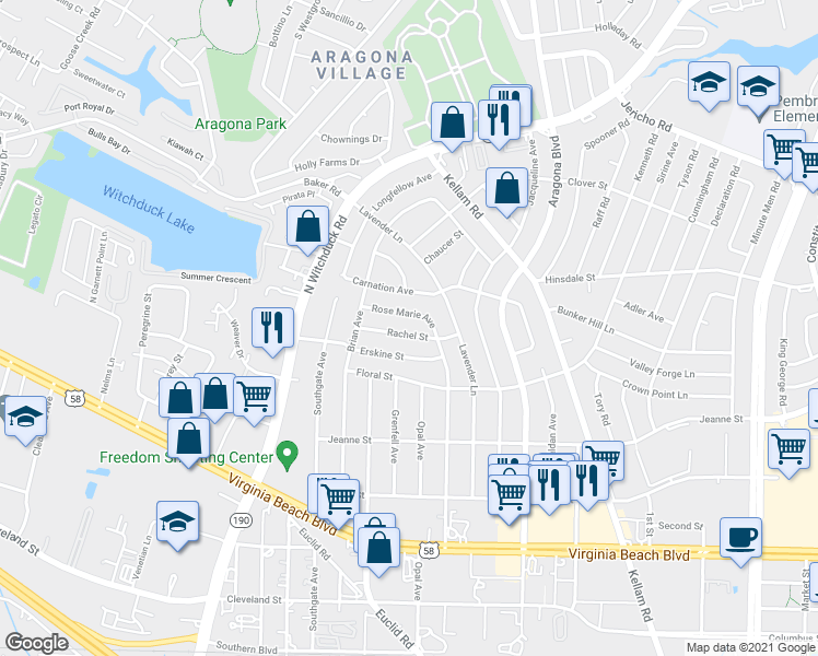 map of restaurants, bars, coffee shops, grocery stores, and more near 4920 Rachel Street in Virginia Beach