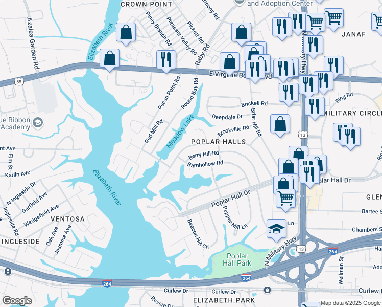 map of restaurants, bars, coffee shops, grocery stores, and more near 5406 Berry Hill Road in Norfolk