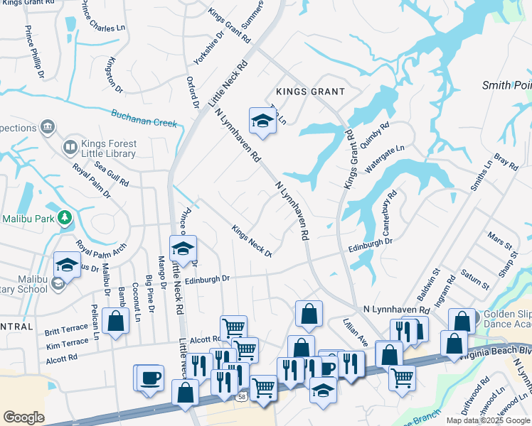 map of restaurants, bars, coffee shops, grocery stores, and more near 517 Shakespeare Drive in Virginia Beach